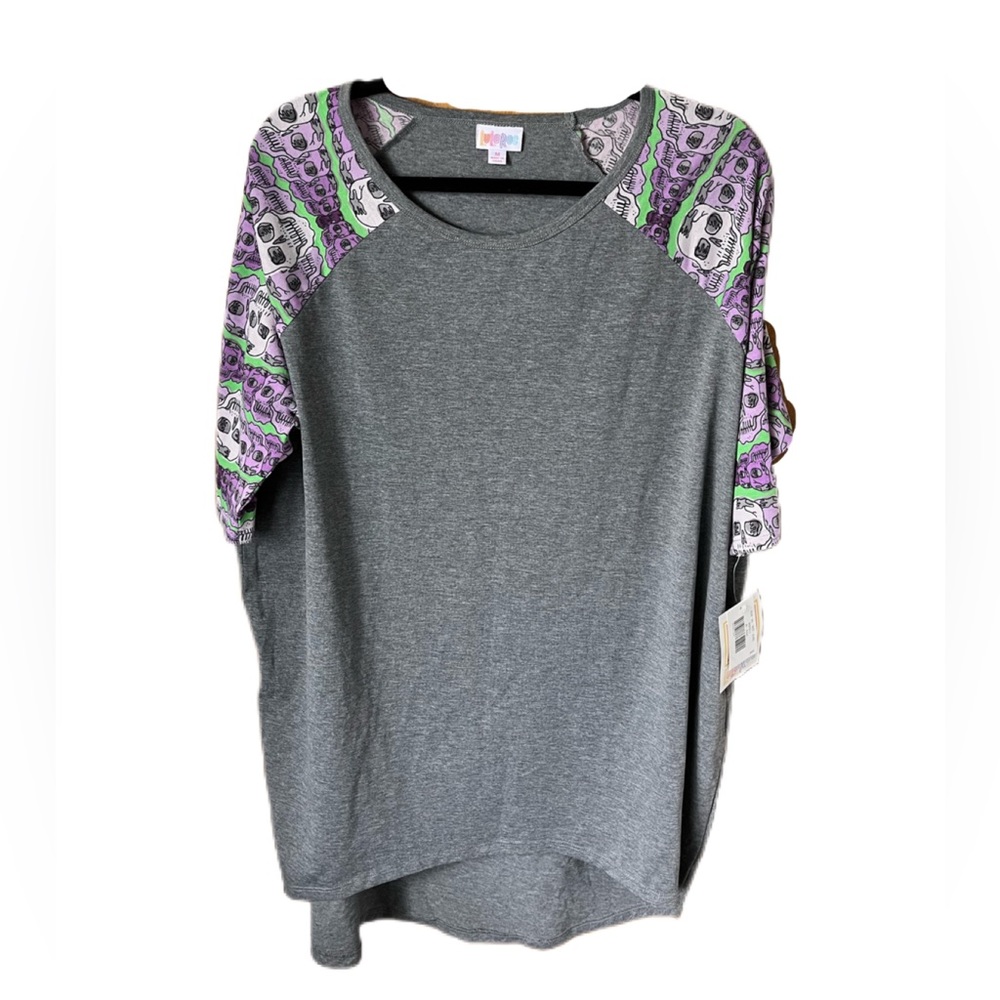 LuLaRoe NWT Spooky Purple Skull Green Baseball Sleeve Gray Shirt Women’s Size M
